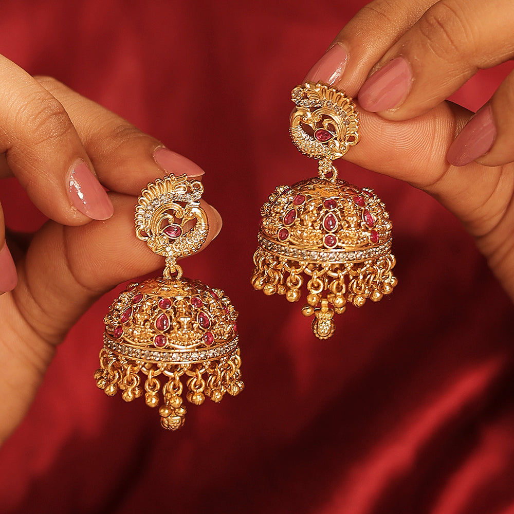 Saloni Fashion Jewellery Pretty Peacock Design Gold Plated Multi Kundan Stone Small Golden Balls Brass Jhumki Earring For Women and Girls