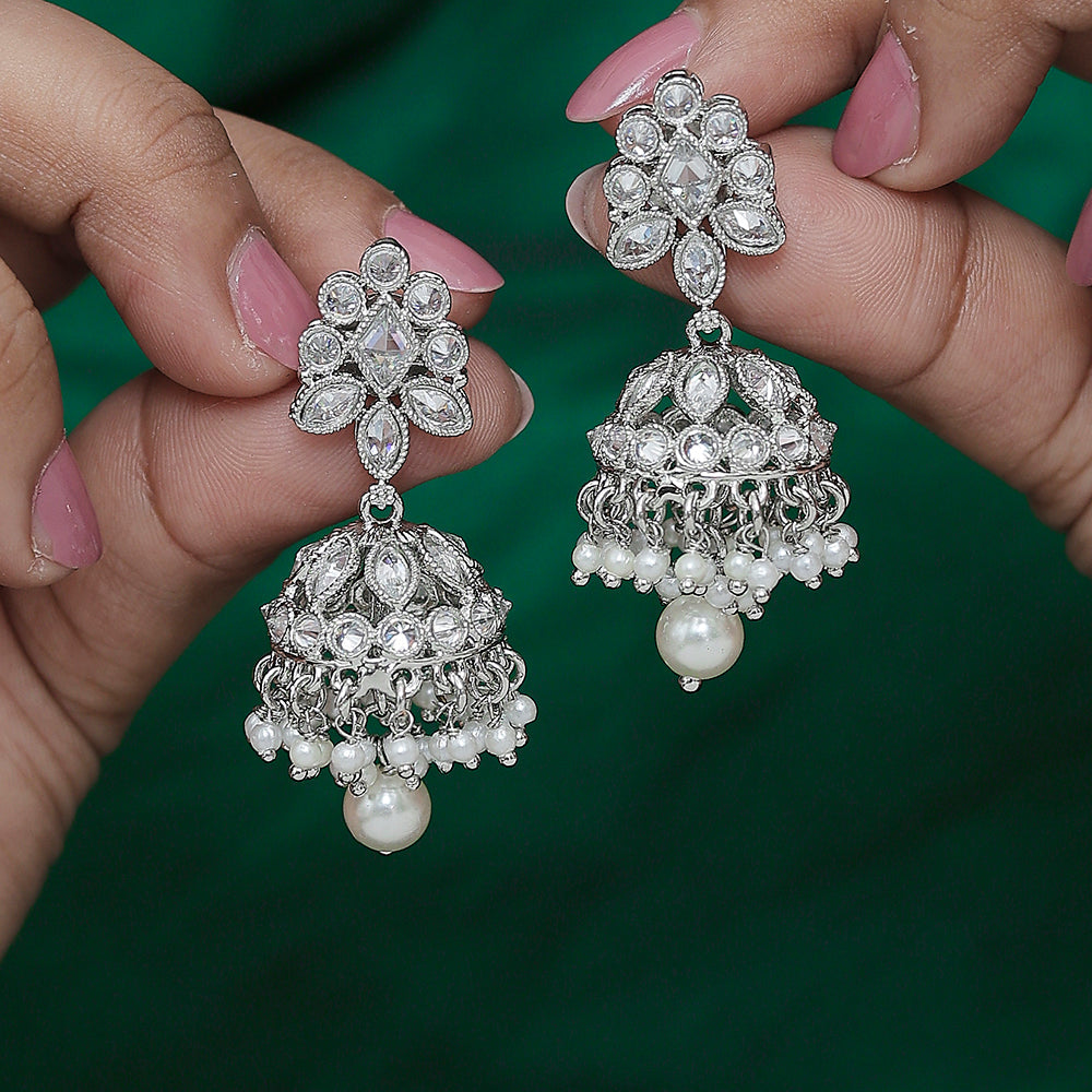 Saloni Fashion Jewellery Flowing Round and Pear Shape Silver Plated White Kundan Stone Brass Jhumki Earring For Women and Girls
