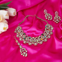 Saloni Fashion Jewellery Flowing Trangle Shape Uncut Kundan Stone Gold Plated Brass Choker Necklace Set With Maang Tikka For Women and Girls