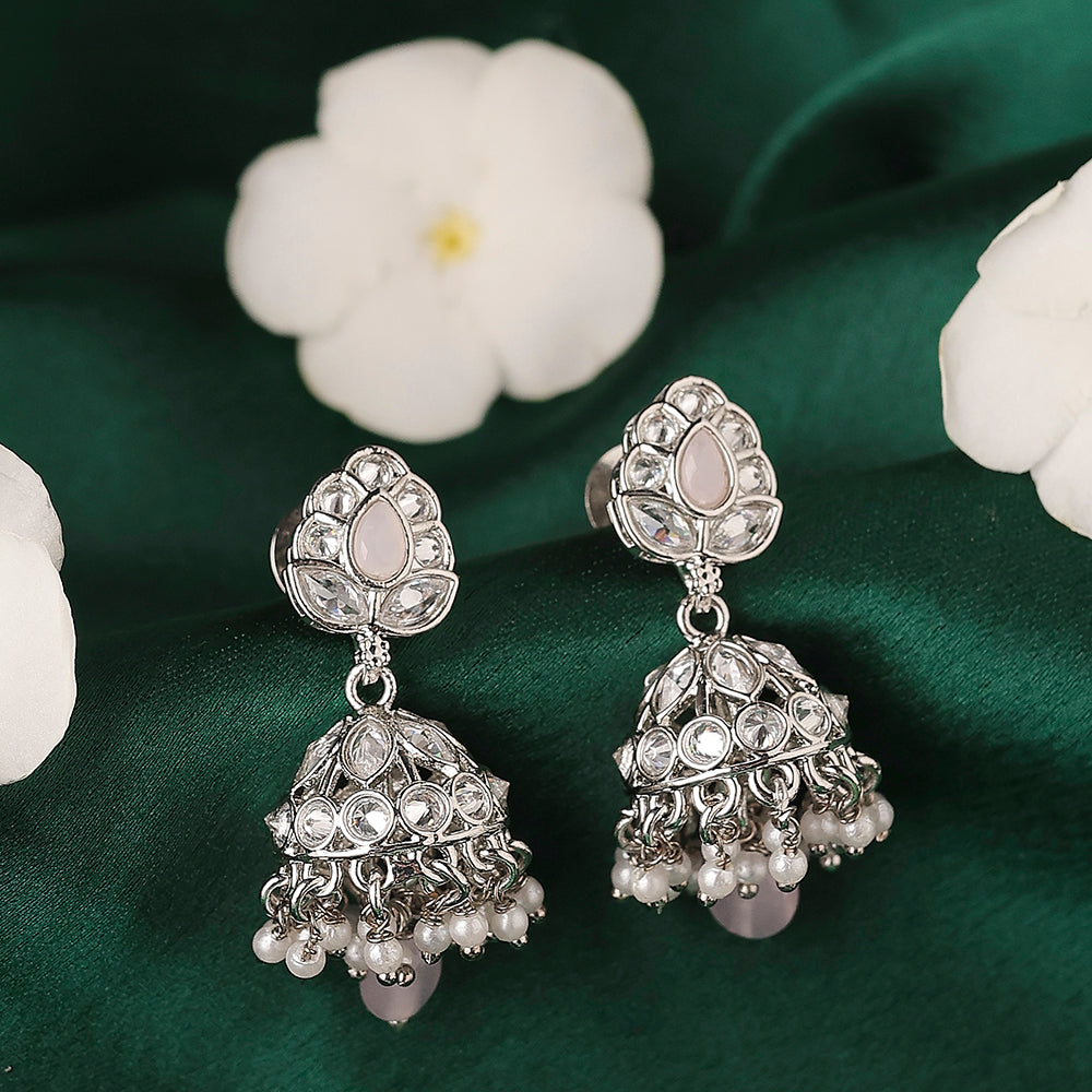 Saloni Fashion Jewellery Lavish Leaf and Pear Shape Silver Plated Green Kundan Stone Brass Jhumki Earring For Women and Girls