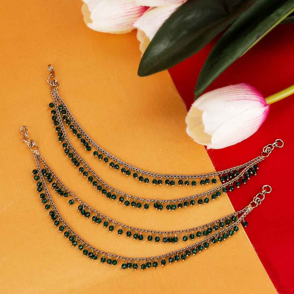 Saloni Fashion Jewellery Dazzling 2 String Green Pearl Gold Plated Set Of 2 Brass Ear-Chain (Kaanchain) For Women and Girls