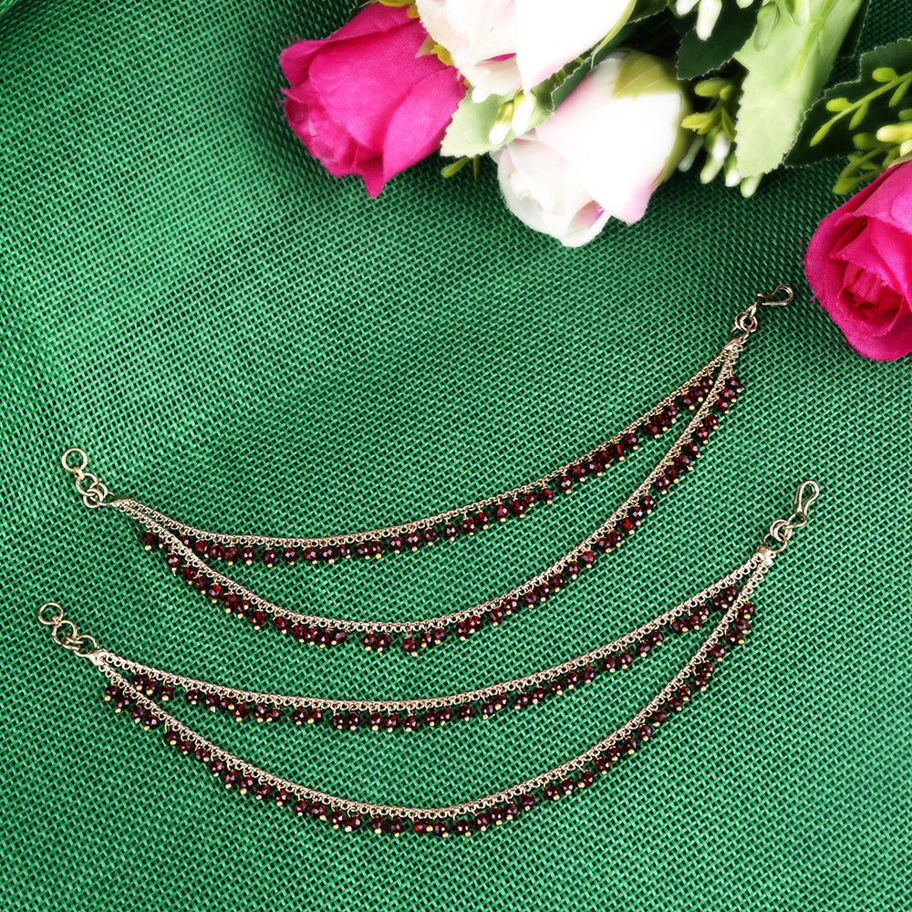 Saloni Fashion Jewellery Dazzling 2 String Maroon Pearl Gold Plated Set Of 2 Brass Ear-Chain (Kaanchain) For Women and Girls