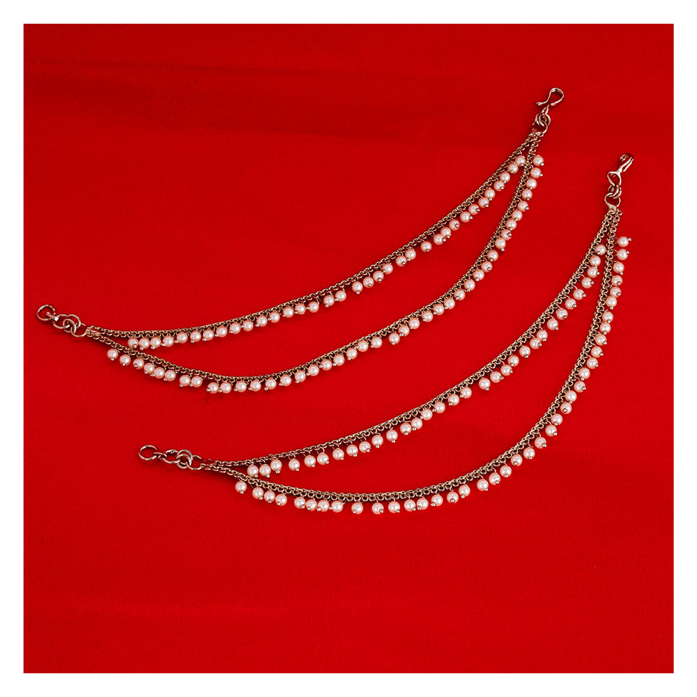 Saloni Fashion Jewellery Dazzling 2 String White Pearl Gold Plated Set Of 2 Brass Ear-Chain (Kaanchain) For Women and Girls