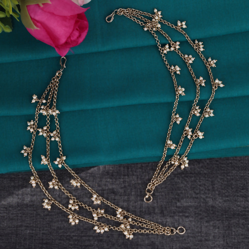 Saloni Fashion Jewellery Marvellous 3 String Long Chain Gold Plated Combo Set of 2 Pearl Ear-Chain(Kaanchain) For Women