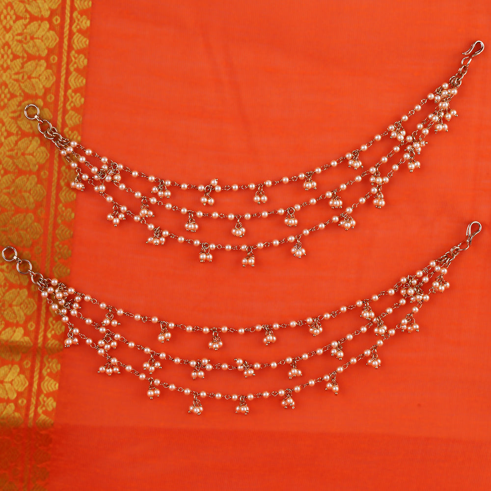 Saloni Fashion Jewellery Inspired Pearl 3 String Gold Plated Combo Set of 2 Ear-Chain(Kaan Chain) For Women