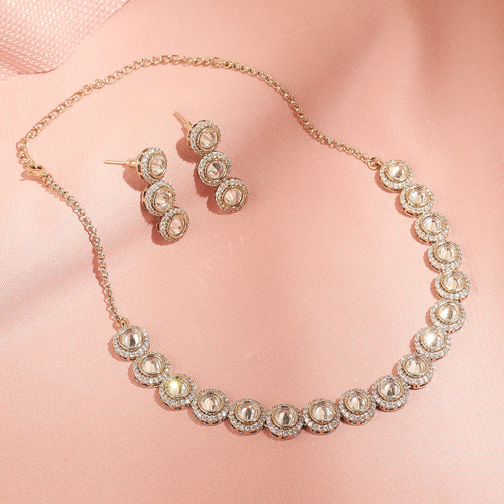 Saloni Fashion Jewellery Stylish Round Shape CZ Studded Antique Gold Plated Red Uncut Kundan Stone Brass Choker Necklace Set For Women and Girls