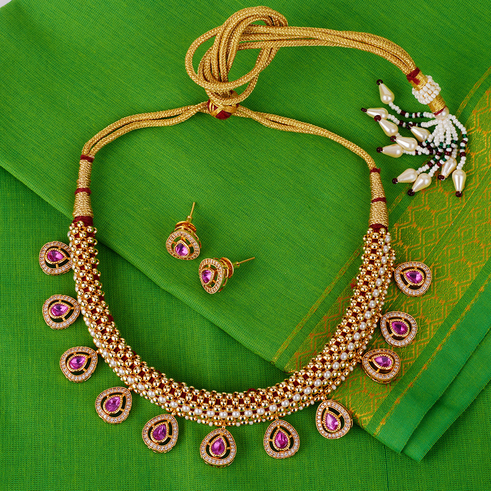 Saloni Fashion Jewellery Incredible Oval Shape Small Golden Ball 22 KT Gold Plated Brass Choker Necklace Set For Women and Girls