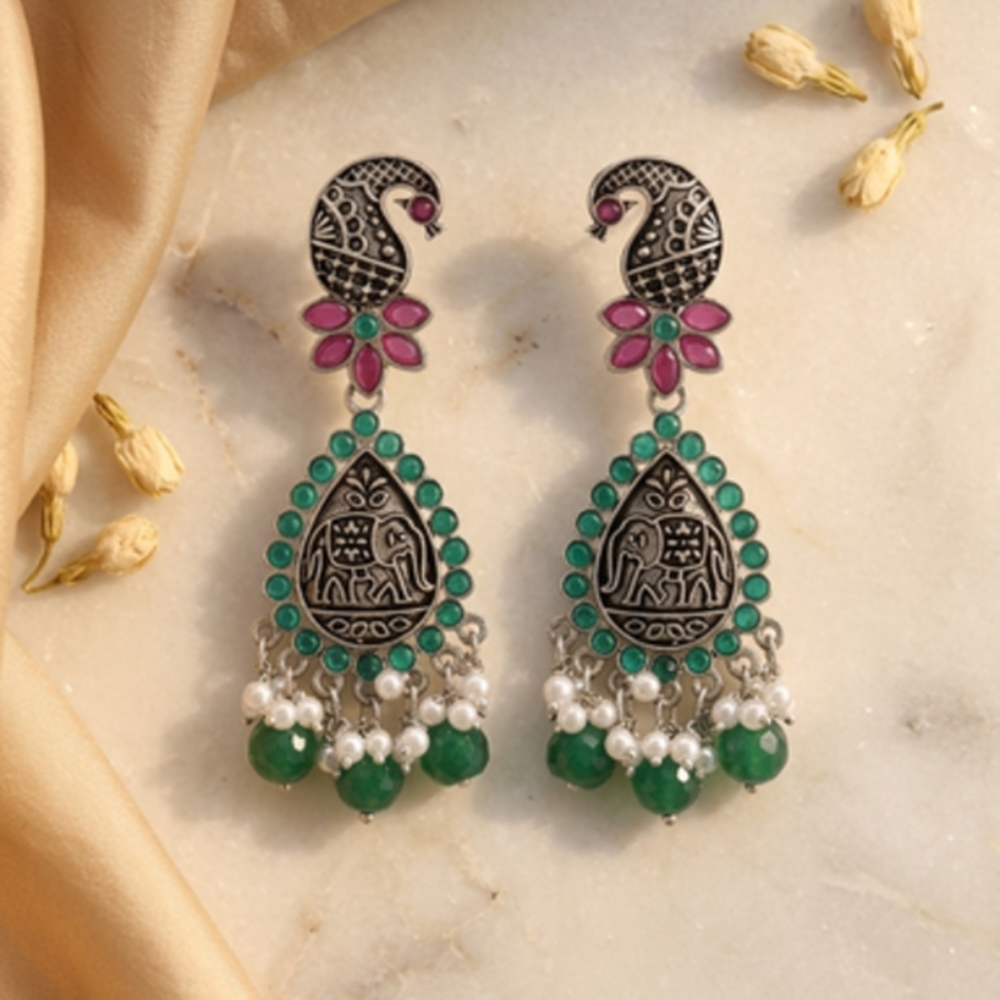Wearhouse Fashion Oxidised Plated Pota Stone And Pearl Dangler Earrings