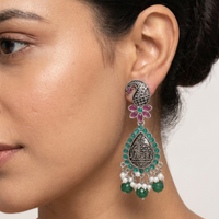 Wearhouse Fashion Oxidised Plated Pota Stone And Pearl Dangler Earrings