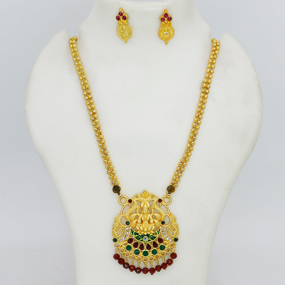 Mahavir Gold Plated Pota Stone And Pearls Temple Necklace Set