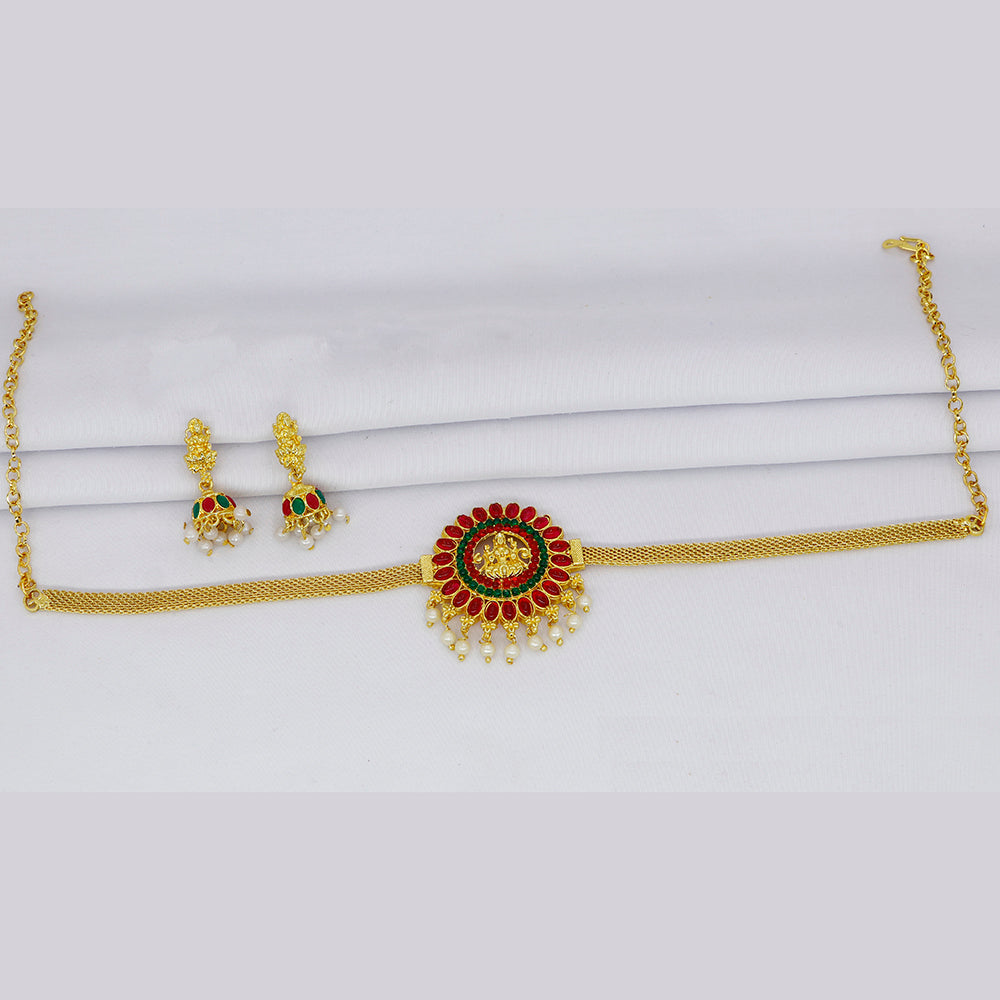 Mahavir Gold Plated Pota Stone Temple Choker Necklace Set