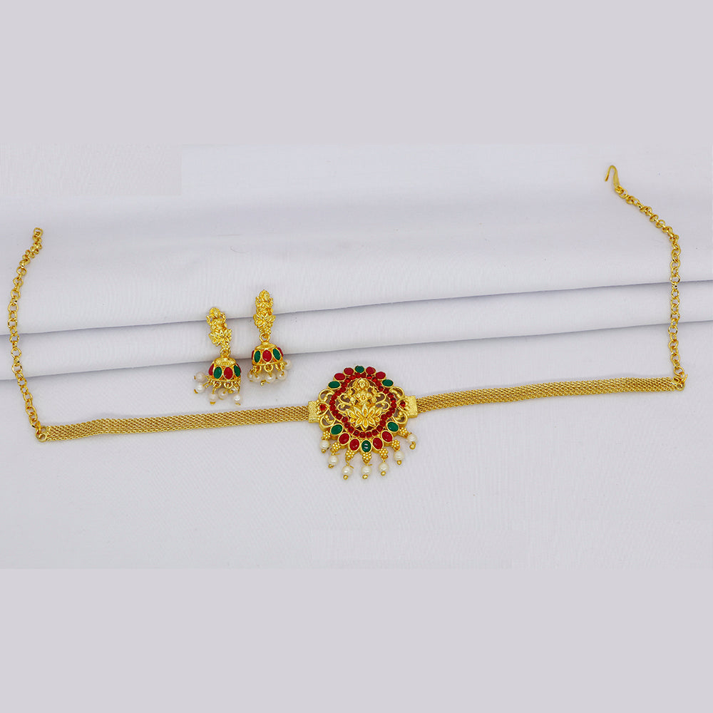 Mahavir Gold Plated Pota Stone Temple Choker Necklace Set