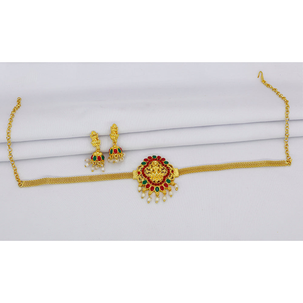 Mahavir Gold Plated Pota Stone And Pearl Temple Choker Necklace Set (Pack of 12)