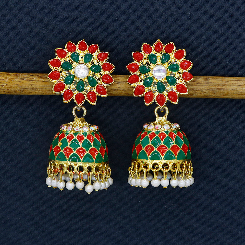 Mahavir DYE Gold Plated Premium Pota Stone And Pearl Jhumki Earrings (Pack of 6)