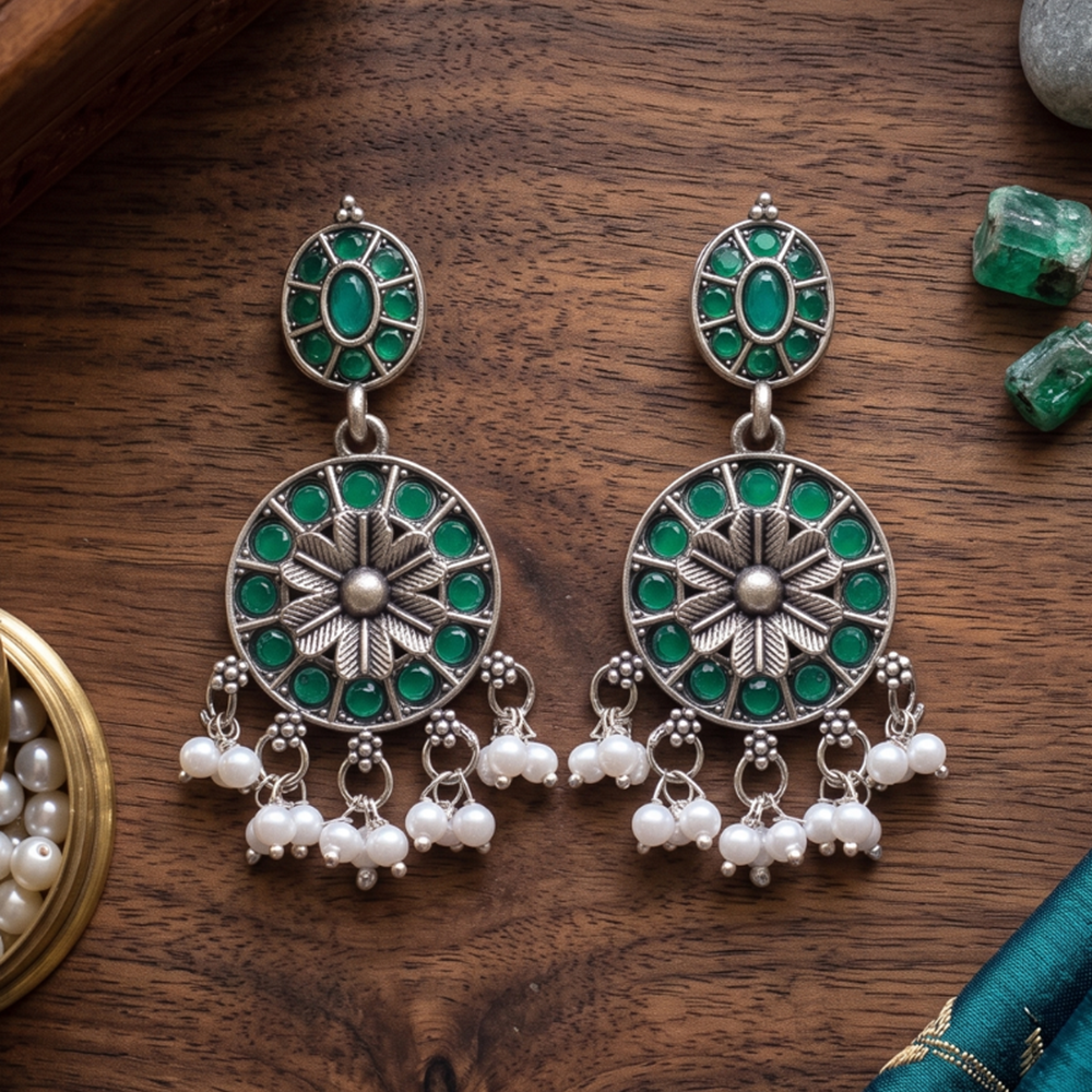 Wearhouse Fashion Oxidised Plated Pota Stone And Pearl Dangler Earrings