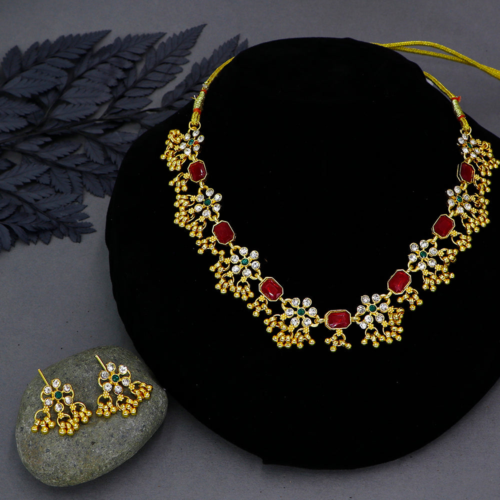 Mahavir Gold Plated Austrian Stone And Pota Pearl Necklace Set