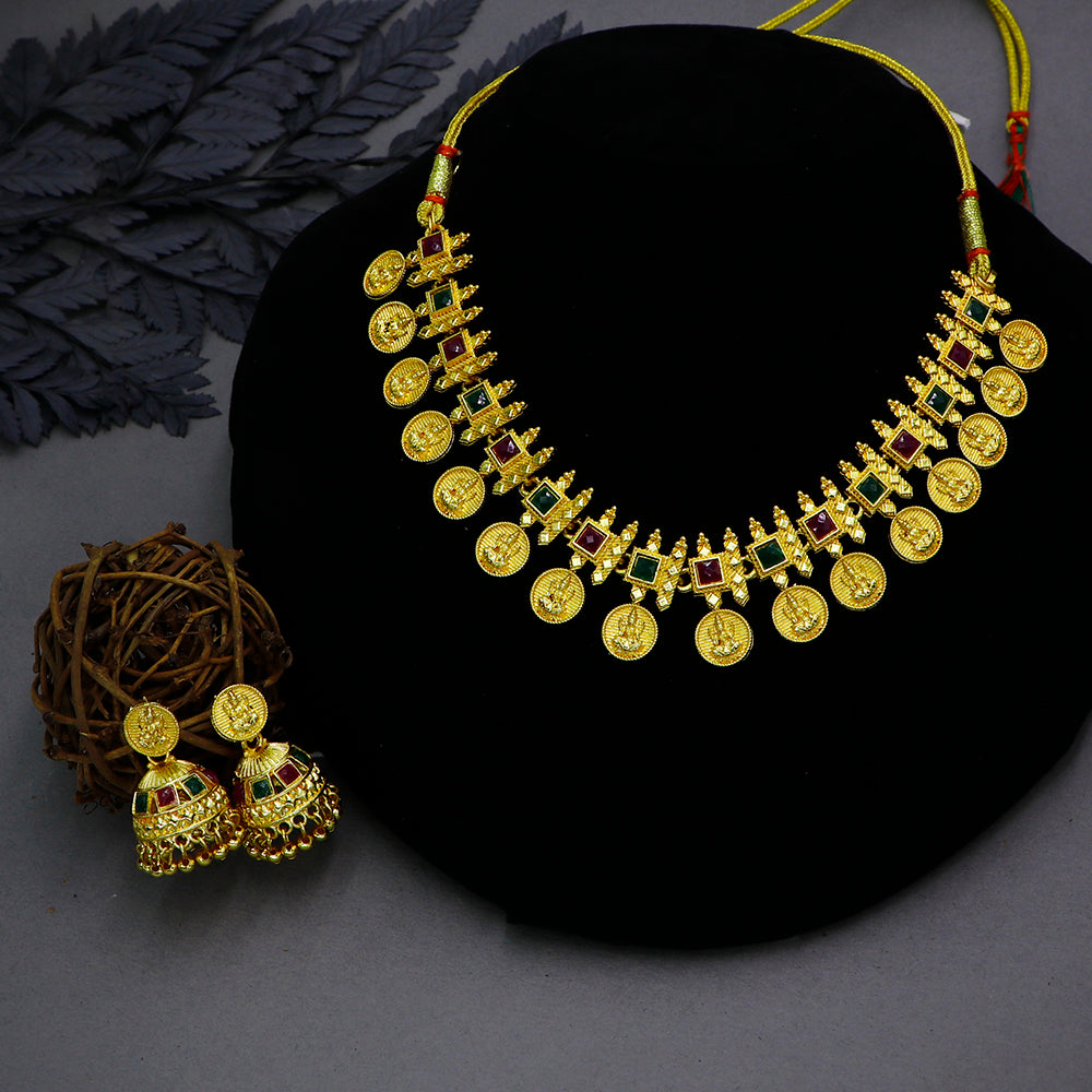Mahavir Gold Plated Pota Stone Temple Necklace Set