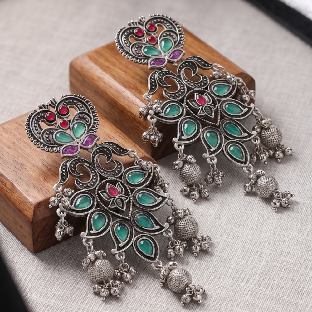 Wearhouse Fashion Oxidised Plated Pota Stone And Pearl Dangler Earrings