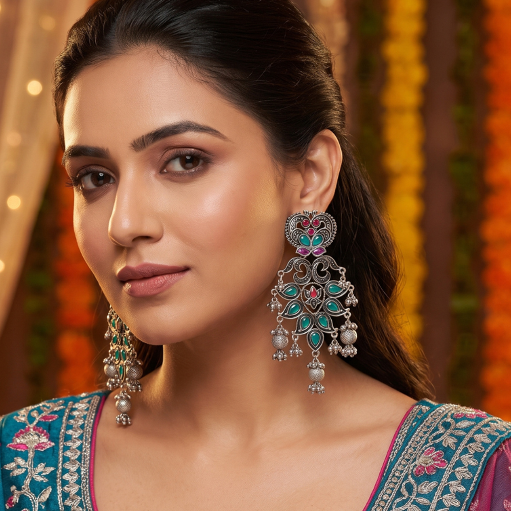 Wearhouse Fashion Oxidised Plated Pota Stone And Pearl Dangler Earrings