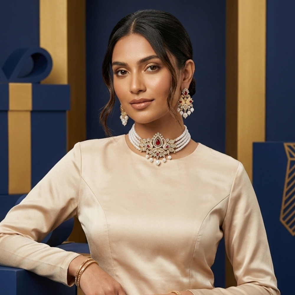 Wearhouse Fashion Austrian Stone And Pearl Designer Choker Necklace Set