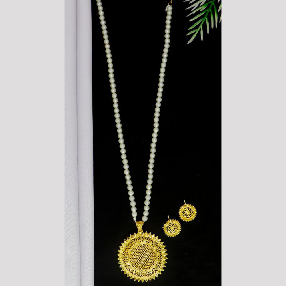 Mahavir Gold Plated Pearls Long Necklace Set