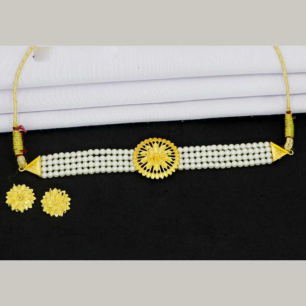 Mahavir Gold Plated Pearl Choker Necklace Set