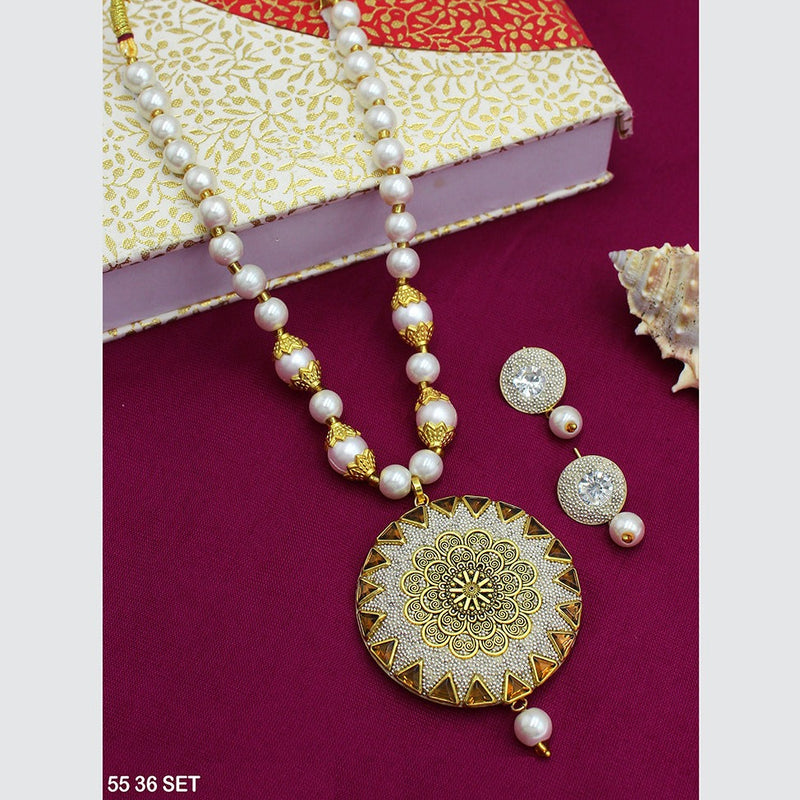 Mahavir Gold Plated Pearls Long Necklace Set