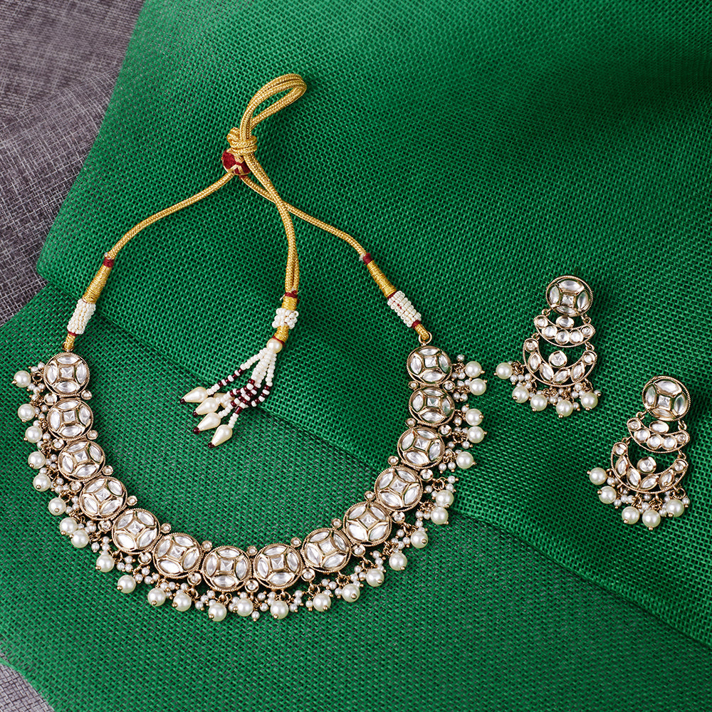 Saloni Fashion Jewellery Desirable Round Shape Mother of Pearl Uncut Kundan Stone Gold Plated Brass Choker Necklace Set For Women and Girls