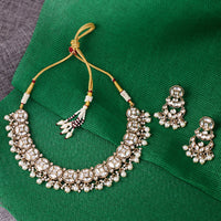 Saloni Fashion Jewellery Desirable Round Shape Mother of Pearl Uncut Kundan Stone Gold Plated Brass Choker Necklace Set For Women and Girls