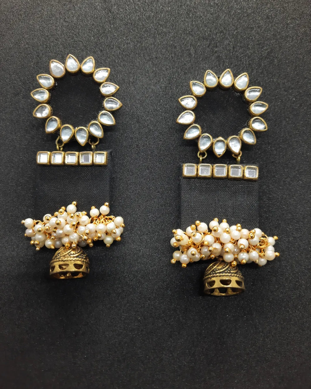 Handmade For Her  Women's Handmade Black Wooden Earring With Kundan And Beads On Fabric