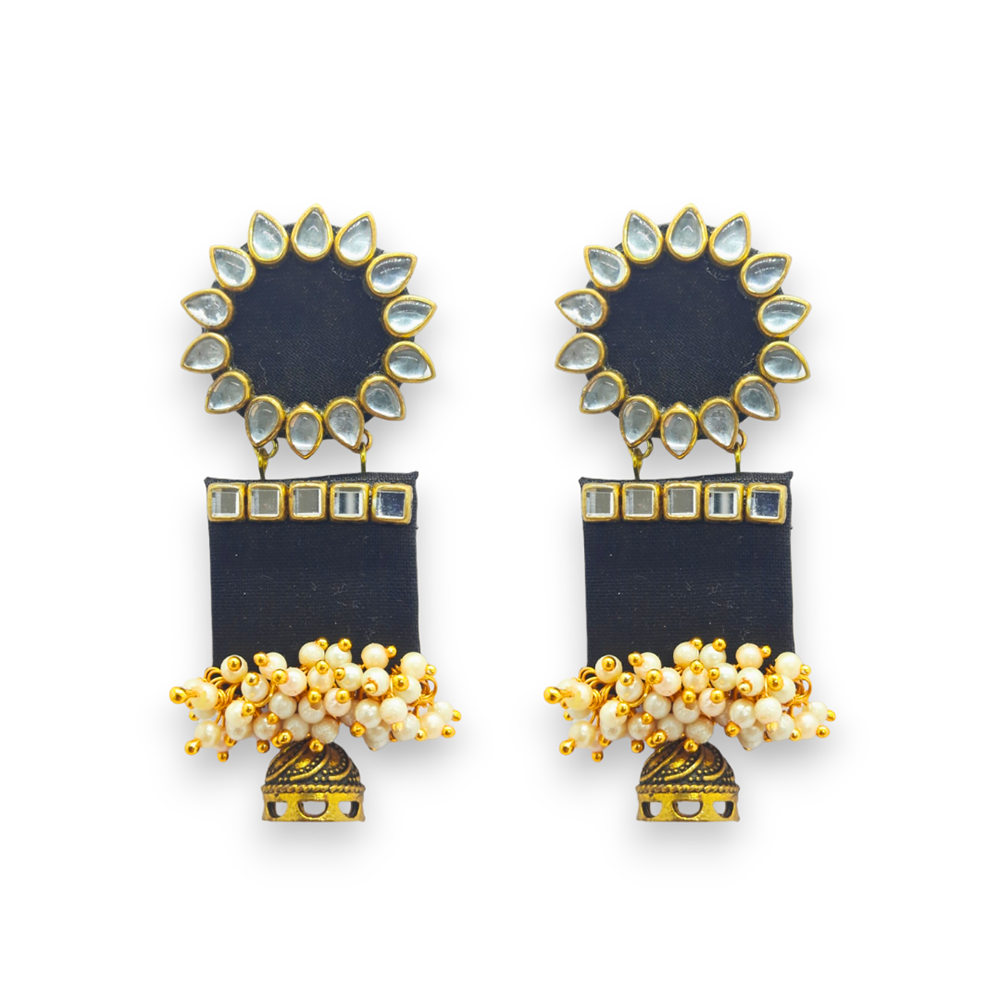 Handmade For Her  Women's Handmade Black Wooden Earring With Kundan And Beads On Fabric