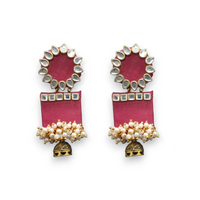 Handmade For Her  Women's Handmade Magenta Wooden Earring With Kundan And Beads