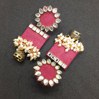 Handmade For Her  Women's Handmade Magenta Wooden Earring With Kundan And Beads