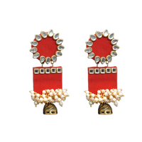 Handmade For Her  Women's Handmade Red Wooden Earring With Kundan And Beads