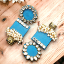 Handmade For Her  Women's Handmade Skyblue Wooden Earring With Kundan And Beads