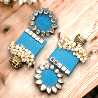 Handmade For Her  Women's Handmade Skyblue Wooden Earring With Kundan And Beads