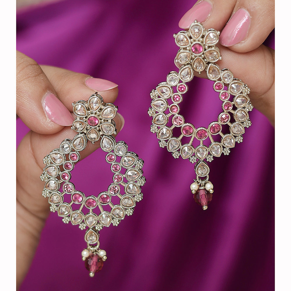 Saloni Fashion Jewellery Inspired Pear and Flower Design Gold Plated Ruby Kundan Stone Chandelier Earring For Women and Girls