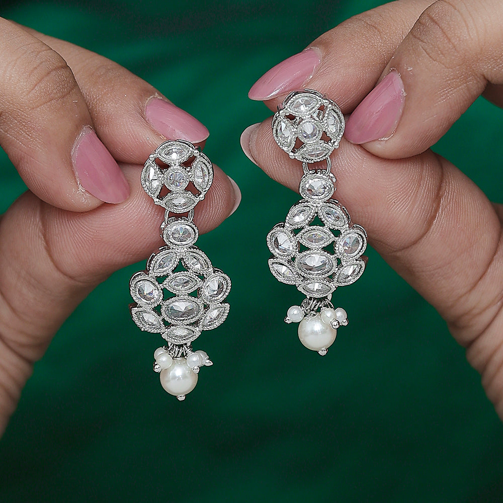 Saloni Fashion Jewellery Lavish Round Shape Silver Plated White Pearl Kundan Stone Dangle Earring For Women and Girls