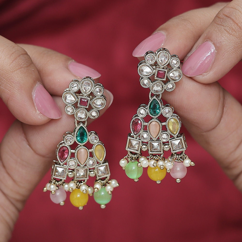 Saloni Fashion Jewellery Beautiful Pear and Round Shape Gold Plated Multi Kundan Stone Dangle Earring For Women and Girls