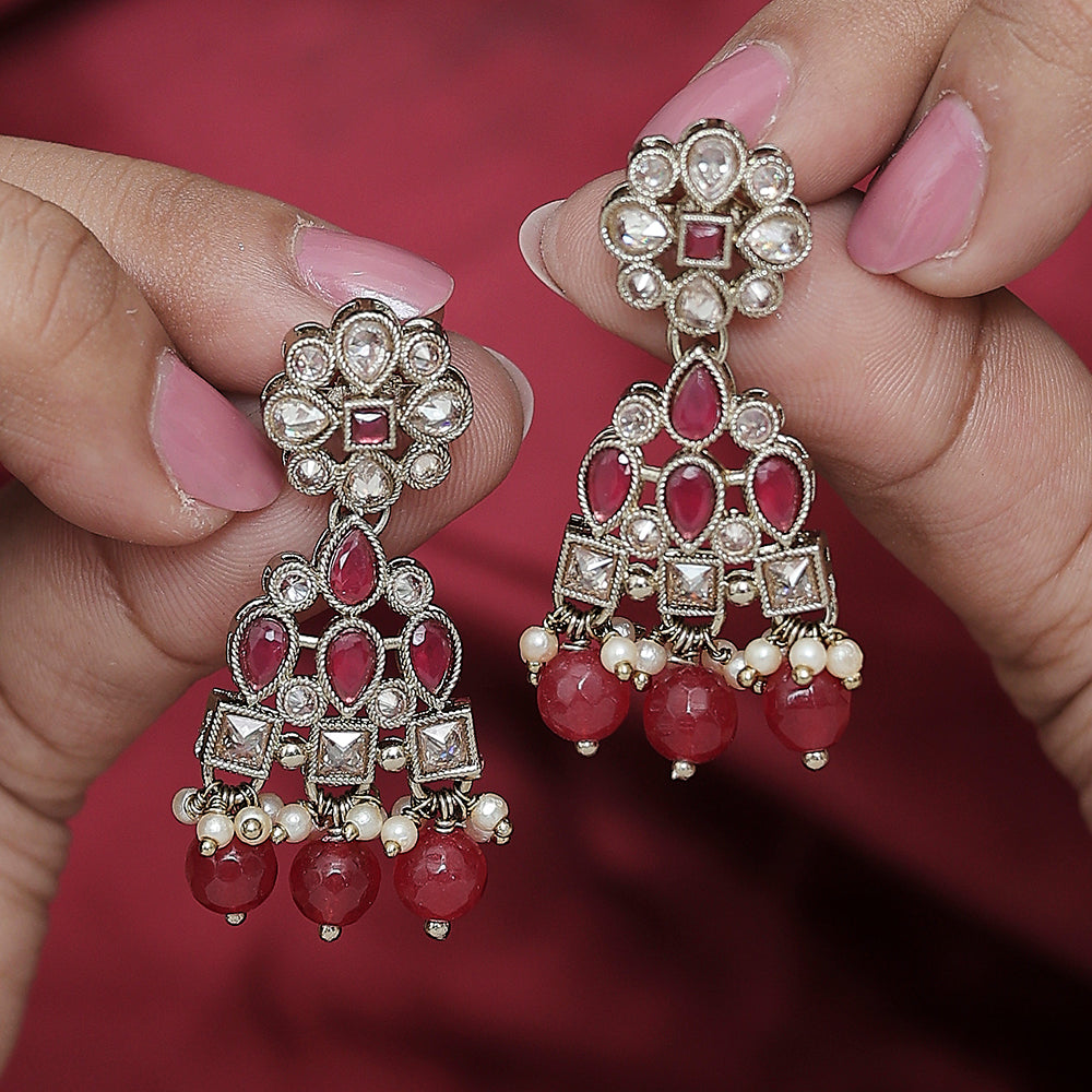 Saloni Fashion Jewellery Brilliant Pear and Round Shape Gold Plated Ruby Kundan Stone Dangle Earring For Women and Girls