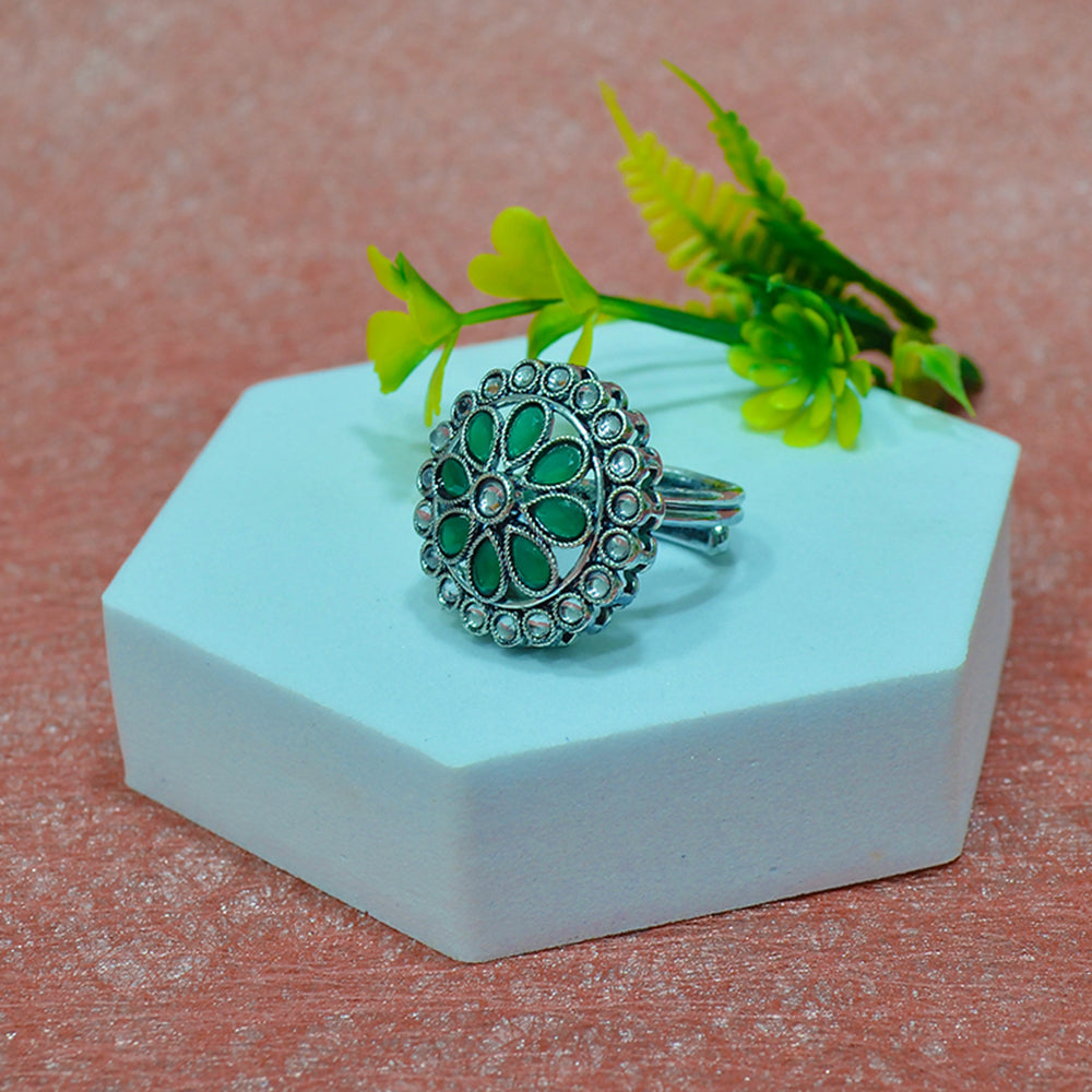 Saloni Fashion Jewellery Pretty Round and Pear Shape Silver Plated Kundan Stone Adjustable Finger Ring For Women and Girls