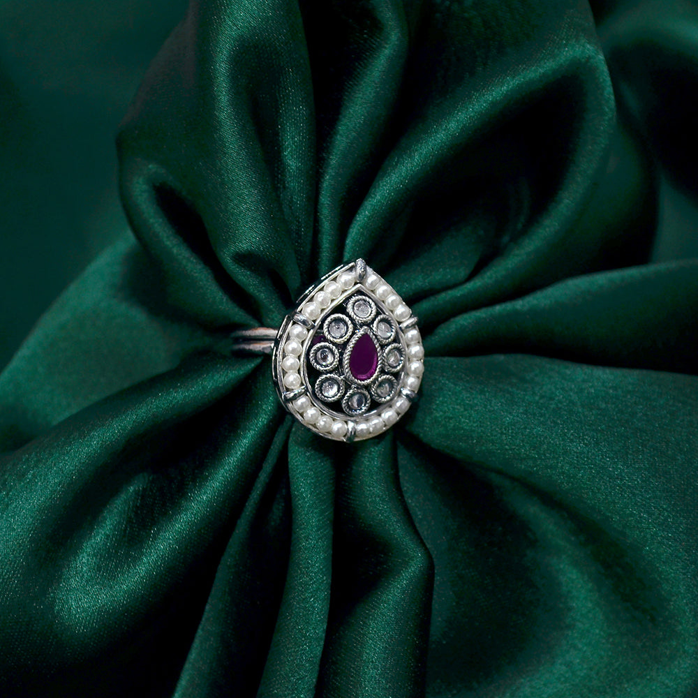 Saloni Fashion Jewellery Modern Pear Shape and Mother Of Pearl Silver Plated Kundan Stone Adjustable Finger Ring For Women and Girls