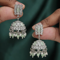Saloni Fashion Jewellery Creative Square Shape Silver Plated Light Green Kundan Stone Jhumki Earring For Women and Girls