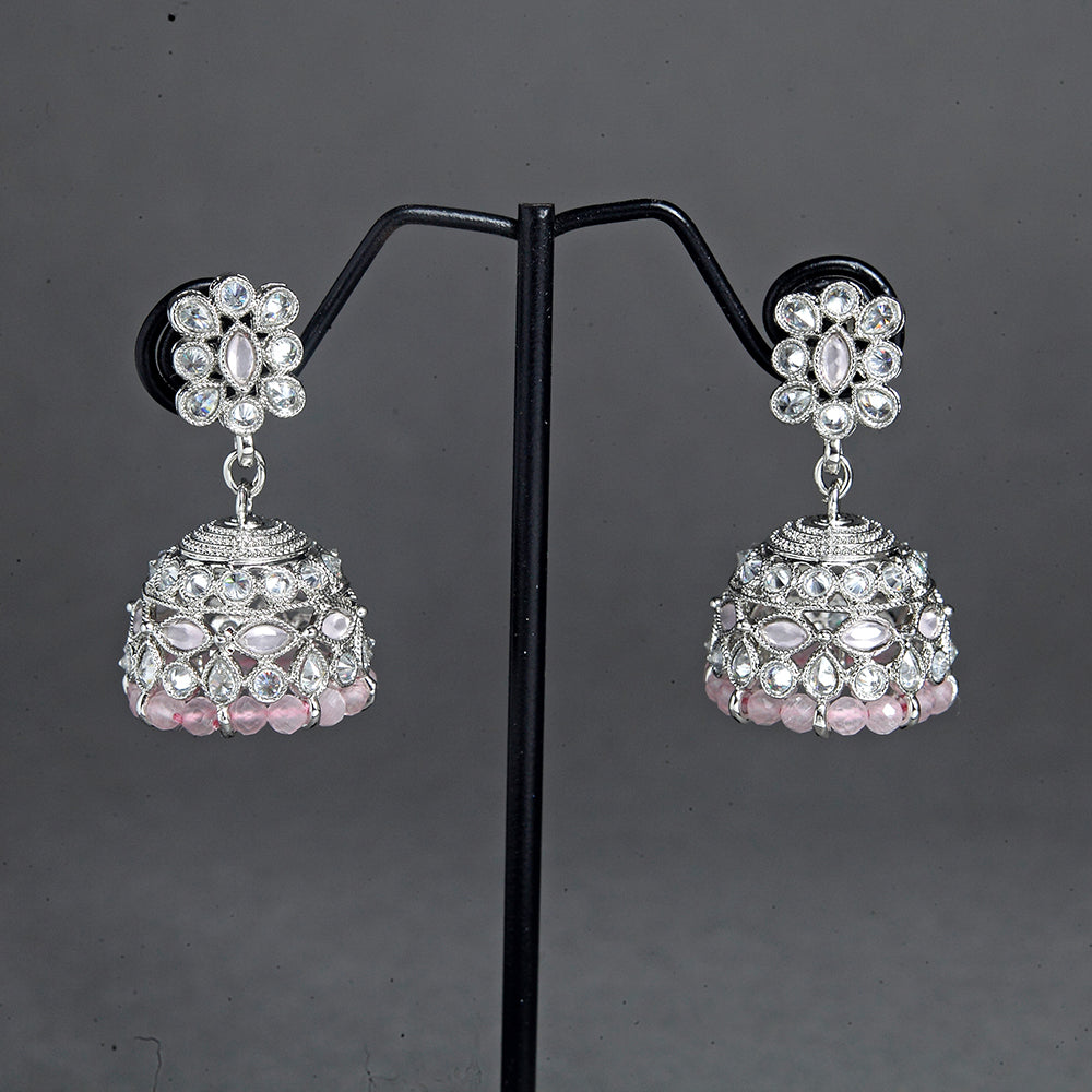 Saloni Fashion Jewellery Beautiful Pear and Flower Shape Grey Uncut Kundan Stone Silver Plated Jhumki Earring For Women and Girls