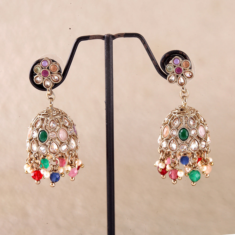 Saloni Fashion Jewellery Modish Flower Shape Black Uncut Kundan Stone Antique Gold Plated Jhumki Earring For Women and Girls