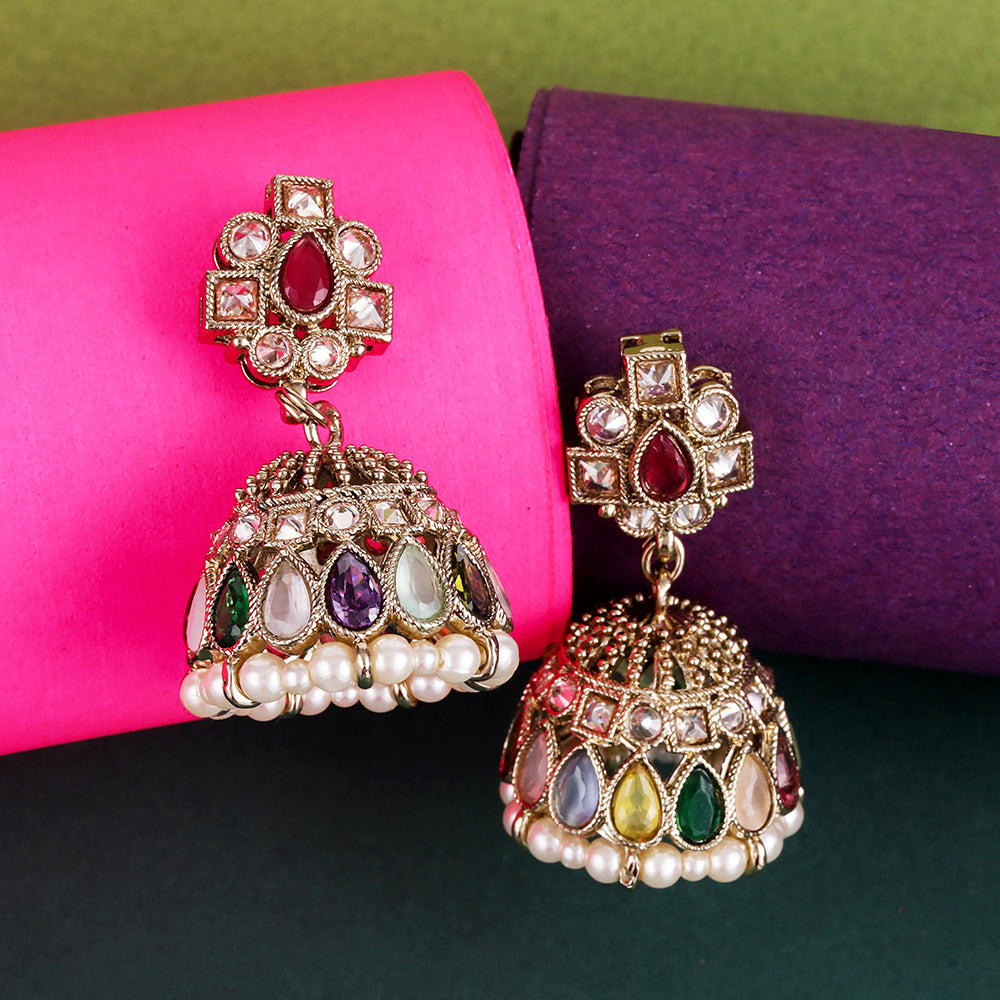 Saloni Fashion Jewellery Delightful Oval Shape Brown Uncut Kundan Stone Antique Gold Plated Jhumki Earring For Women and Girls