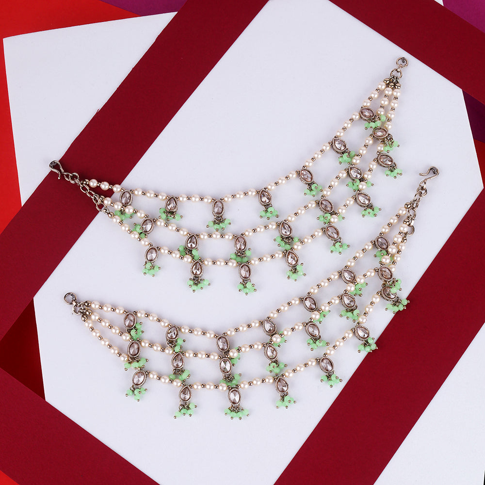 Saloni Fashion Jewellery Creative Oval and Circle Shape 3 String White Kundan Stone Pearl Antique Gold Plated Set Of 2 Ear-Chain (Kaanchain) For Women and Girls