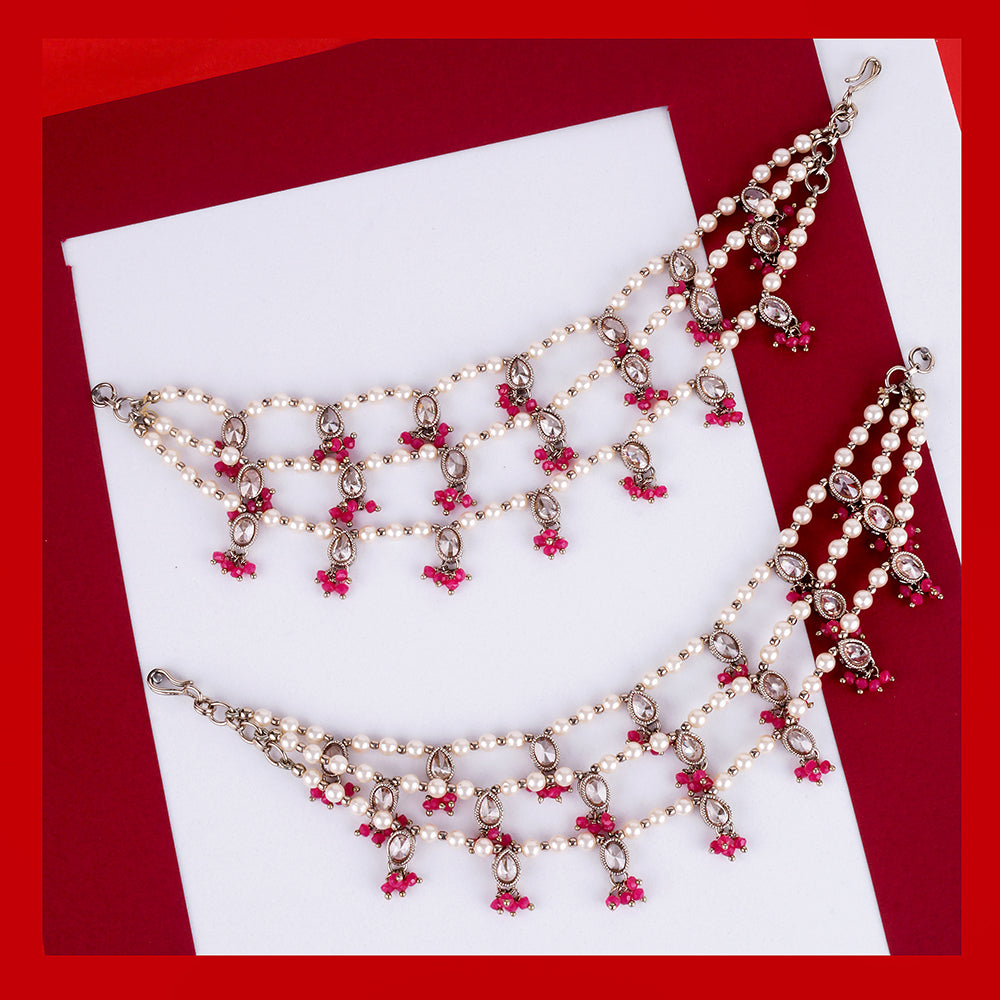 Saloni Fashion Jewellery Creative Oval and Circle Shape 3 String White Kundan Stone Pearl Antique Gold Plated Set Of 2 Ear-Chain (Kaanchain) For Women and Girls