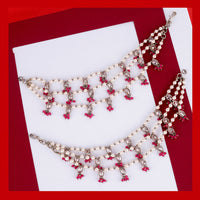 Saloni Fashion Jewellery Creative Oval and Circle Shape 3 String White Kundan Stone Pearl Antique Gold Plated Set Of 2 Ear-Chain (Kaanchain) For Women and Girls