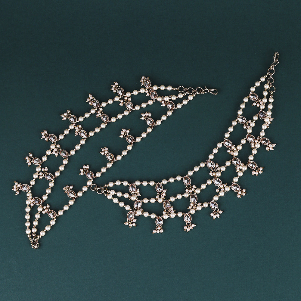 Saloni Fashion Jewellery Creative Oval and Circle Shape 3 String White Kundan Stone Pearl Antique Gold Plated Set Of 2 Ear-Chain (Kaanchain) For Women and Girls